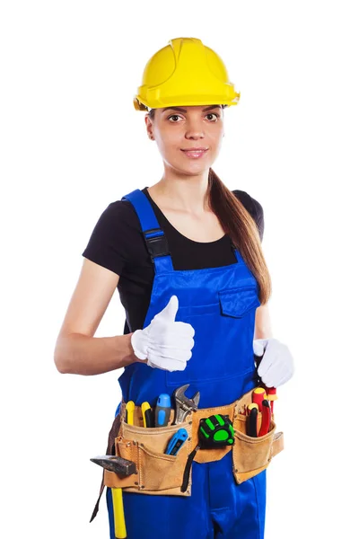 Mujer constructora en el uniforme y cinturón de construcción —  Fotos de Stock