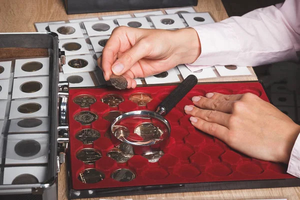 Hand met munt, doos met inbare munten in de cellen en een pagina met munten in de zakken — Stockfoto