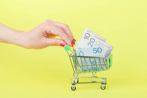 Poolse zloty in de winkelstraat pushcart op vrouw palm, gele achtergrond — Stockfoto