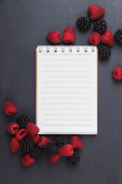 Kırmızı Ahududu, mezura, defter ve bir kalem siyah arduvaz taş zemin üzerine