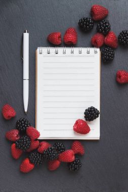 Kırmızı Ahududu, mezura, defter ve bir kalem siyah arduvaz taş zemin üzerine