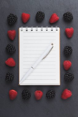 Kırmızı Ahududu, defter ve bir kalem siyah arduvaz taş zemin üzerine