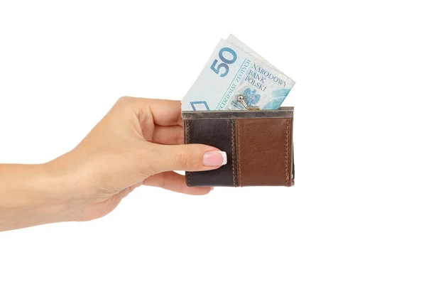Padesát polský zlotý v malou koženou peněženku na dlani — Stock fotografie
