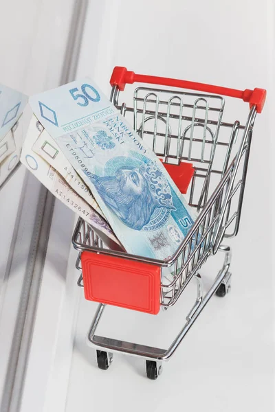 Lengyel zloty a kosárba, lágy fókusz háttér — Stock Fotó