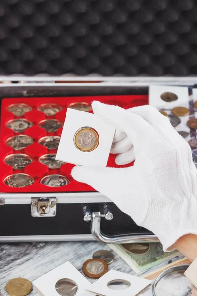 La mano en el guante sostiene la moneda del colector de oro —  Fotos de Stock