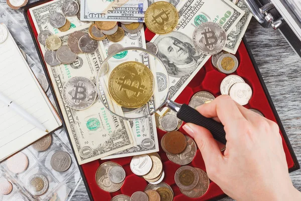 El ile bir Büyüteç, farklı altın ve gümüş sikke ve Amerikan Doları — Stok fotoğraf