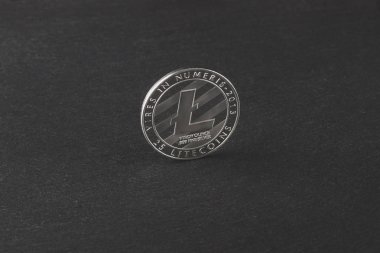 Litecoins siyah arduvaz taş, yumuşak odak arka plan