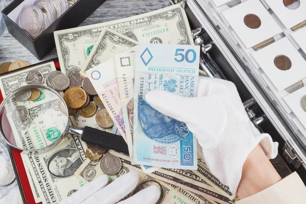 Hands in the white gloves with Polish Zloty — Stock Photo, Image