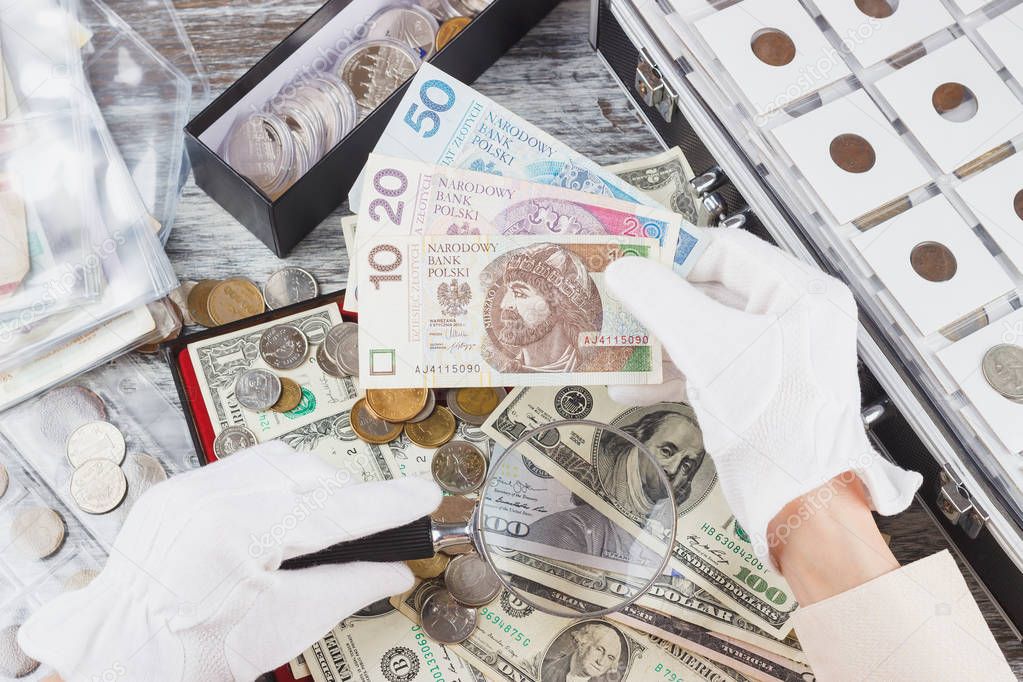 Hands in the white gloves with a magnifying glass and Polish Zloty