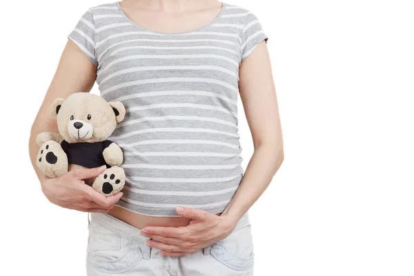 Těhotná žena s plyšovým medvědem v ruce — Stock fotografie