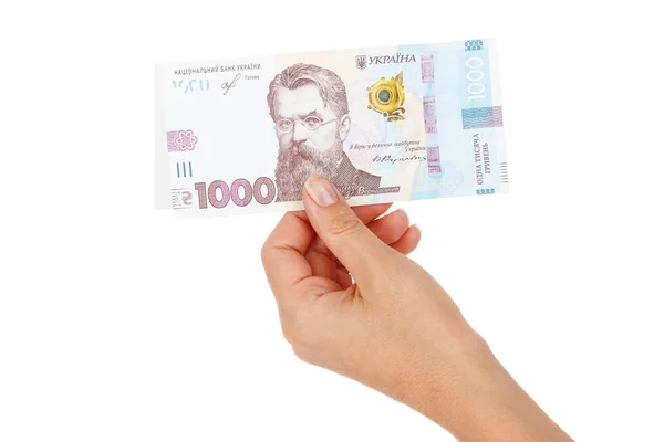 Elinde bir banknot ile 1000 hryvnia, izole edilmiş.