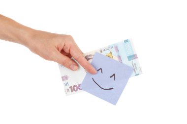 Elinde emoji olan bin tane hrivni ve etiket, izole edilmiş.