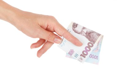 Elinde bir banknot ile 1000 hryvnia, izole edilmiş.