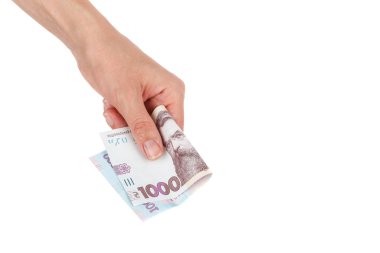Elinde bir banknot ile 1000 hryvnia, izole edilmiş.