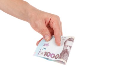 Elinde bir banknot ile 1000 hryvnia, izole edilmiş.