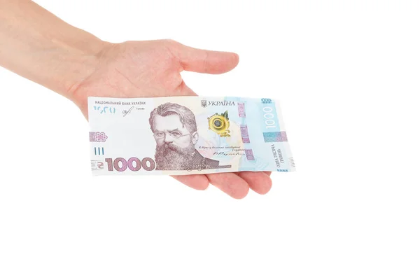 Elinde bir banknot ile 1000 hryvnia, izole edilmiş.