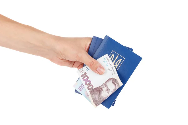 Duizend hryvnia 's door één bankbiljet in de hand, geïsoleerd Stockfoto