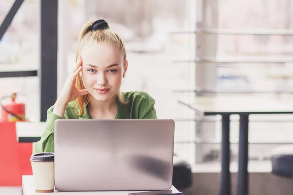 Young Beautiful Woman Sits Laptop Soft Focus Background Stock Image