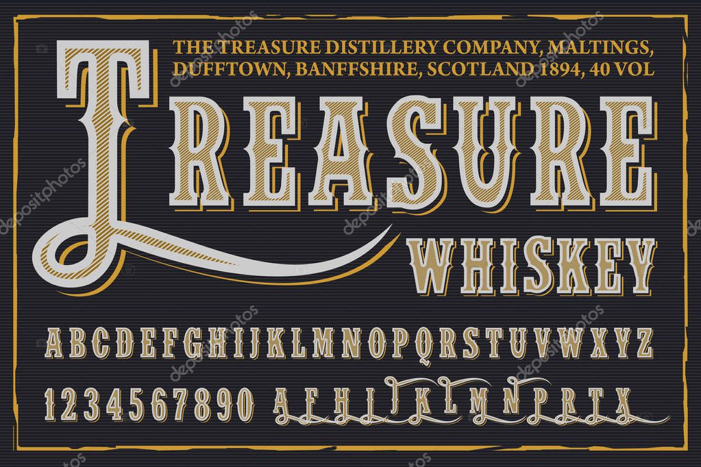 Treasure Whiskey - label design font - vector typeface for alcohol drinks