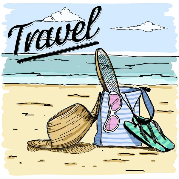 Travel equipment on beach — Stock Vector