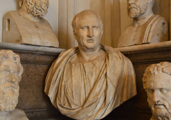 In the middle a first century AD bust of Cicero in the Capitoline Museums, Rome, Italy