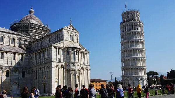 Leaning Tower ve Piazza dei Miracoli olarak da bilinen Piazza del Duomo turist, Pisa, İtalya için Santa Maria Assunta Katedrali — Stok fotoğraf