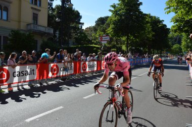 Vincenzo Nibali behind the pink jersey Tom Dumoulin near arrival in Bergamo stage in the 100th edition of Giro d'Italia annual multiple-stage bicycle race. Tour of Italy clipart