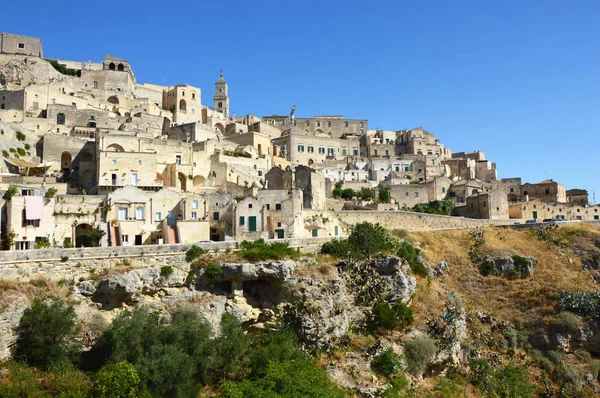 Csodálatos kilátás nyílik a tipikus kövek Matera (Sassi di Matera) Unesco Világörökség és európai főváros kultúra 2019, Matera, Basilicata, Olaszország — Stock Fotó