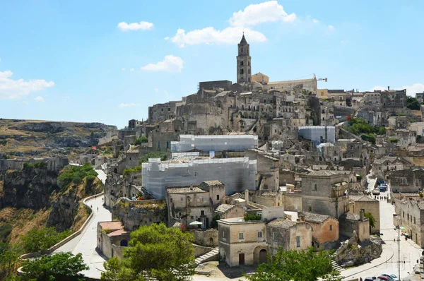 Csodálatos kilátás nyílik a tipikus kövek Matera (Sassi di Matera) Unesco Világörökség és európai főváros kultúra 2019, Matera, Basilicata, Olaszország — Stock Fotó