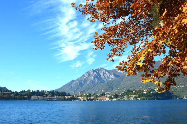 Φθινόπωρο ζωηρόχρωμο φύλλωμα σε κόκκινο και κίτρινο χρώμα πέρα από τη λίμνη με το πανέμορφο ορεινό τοπίο στη λίμνη Κόμο, Ιταλία — Φωτογραφία Αρχείου