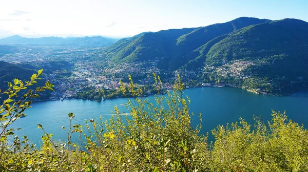 Como sjön landskap. Cernobbio village, träd, vatten och berg. Italien, Europa. — Stockfoto