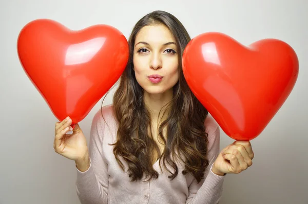 Sweet Girl Valentine Heart Balloons Looking Camera Making Air Kiss — Stock Photo, Image
