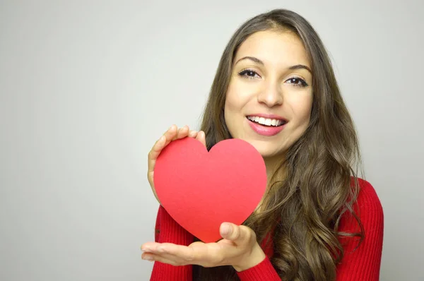 Portrait Sweet Perfect Girl Smiling Camera Heart Shaped Paper Her — Stock Photo, Image