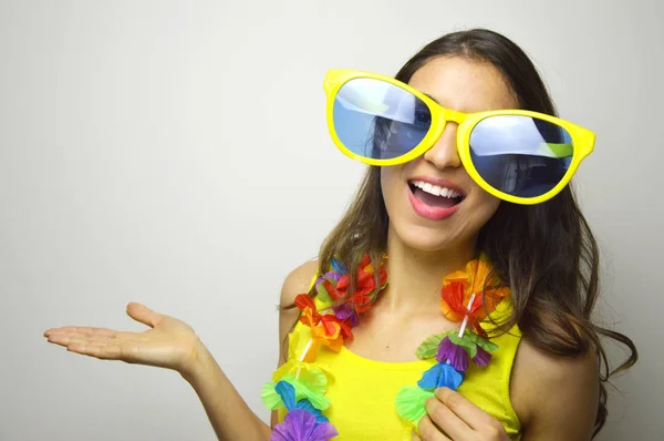 Carnival Time Young Woman Big Funny Sunglasses Carnival Garland Smile — Stock Photo, Image