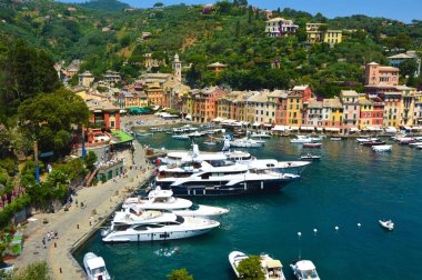 Güzel Yalı Portofino renkli evleriyle. Tipik İtalyan peyzaj yaz görme. Portofino, Ligurian Riviera, İtalya