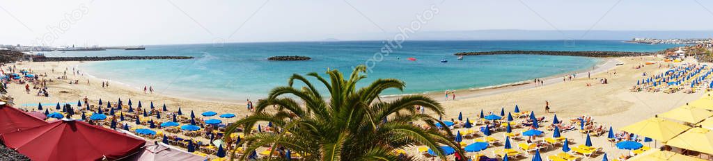 Panoramic view of Playa Dorada beach in the south of Lanzarote Island, Canary Islands