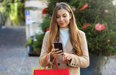 Noel kadını, arka planında Noel ağacı olan akıllı telefondan internetten satın alıyor..