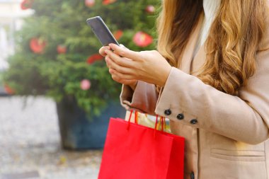 Alışveriş yapan kadın Noel zamanı online alışveriş için akıllı telefon kullanıyor..