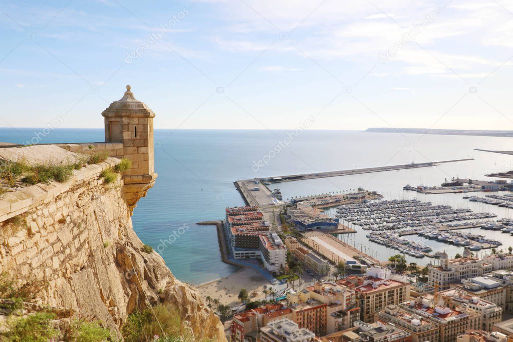 Santa Barbara castle with panoramic aerial view of Alicante famous touristic city in Costa Blanca, Spain