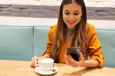 Genç iş kadını cappuccino içiyor. Akıllı telefon uygulamasında mesaj okuyor. Teneffüste kapalı bir kafede oturuyor.