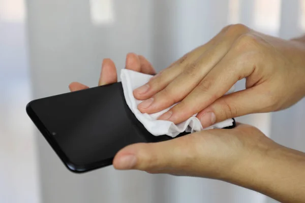 Covid Pandemic Coronavirus Woman Cleaning Wet Wipes Smart Phone Screen — Stock Photo, Image