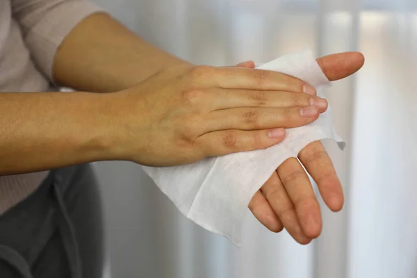 Covid Pandemic Coronavirus Close Woman Hands Using Hand Chpes Sanitizer — Zdjęcie stockowe