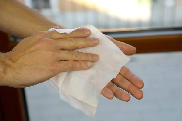 Covid Pandemic Coronavirus Close Man Hands Using Hand Wipes Sanitizer — Stock Photo, Image