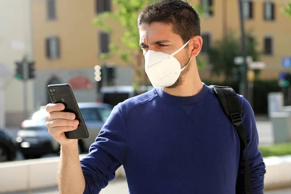 Covid Pandemic Coronavirus Young Man Wearing Kn95 Ffp2 Mask Using — 스톡 사진