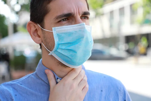 Covid Wearing Surgical Mask Sore Throat Outdoor Portrait Man Face — 스톡 사진