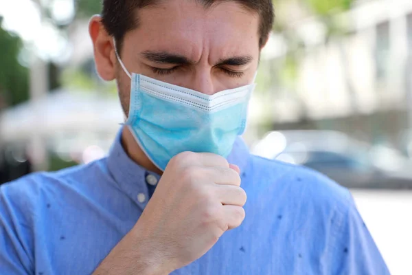 Covid Close Sick Man Wearing Surgical Mask Coughing City Street — 스톡 사진