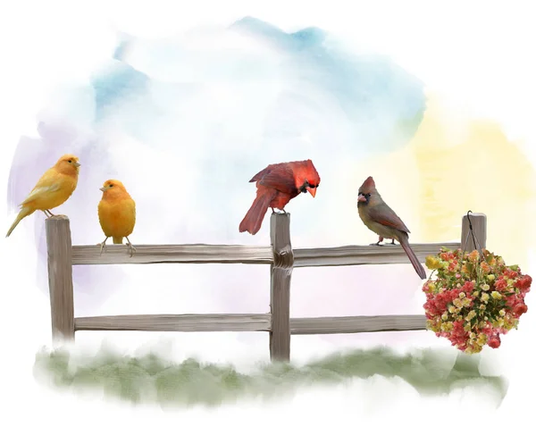 Fåglar på ett staket-akvarell — Stockfoto
