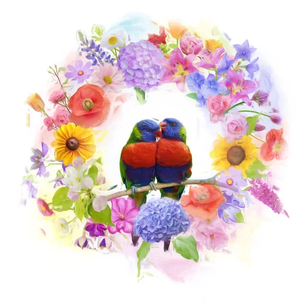 Arrangement of colorful flowers and parrots — Stock Photo, Image