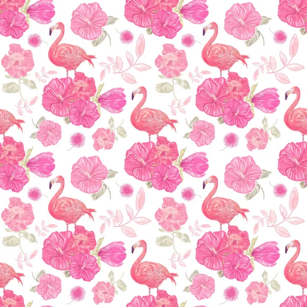 Seamless  pattern with flowers and flamingo — Stock Photo, Image