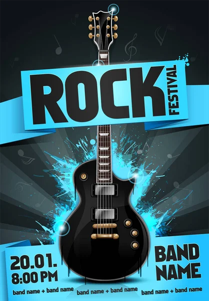 Vector rock festival flyer design template with guitar — Stock Vector